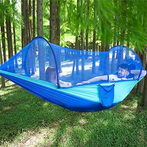 lfl camping hammock with mosquito net, hammocks with 13ft tree straps carabiners, automatic quick open outdoor portable hammock, nylon parachute material hammock with net, blue