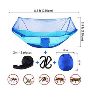 LFL Camping Hammock with Mosquito Net, Hammocks with 13ft Tree Straps Carabiners, Automatic Quick Open Outdoor Portable Hammock, Nylon Parachute Material Hammock with net, Blue