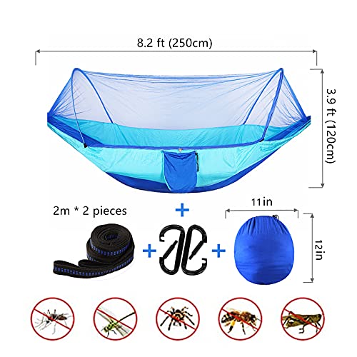 LFL Camping Hammock with Mosquito Net, Hammocks with 13ft Tree Straps Carabiners, Automatic Quick Open Outdoor Portable Hammock, Nylon Parachute Material Hammock with net, Blue