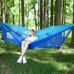 LFL Camping Hammock with Mosquito Net, Hammocks with 13ft Tree Straps Carabiners, Automatic Quick Open Outdoor Portable Hammock, Nylon Parachute Material Hammock with net, Blue