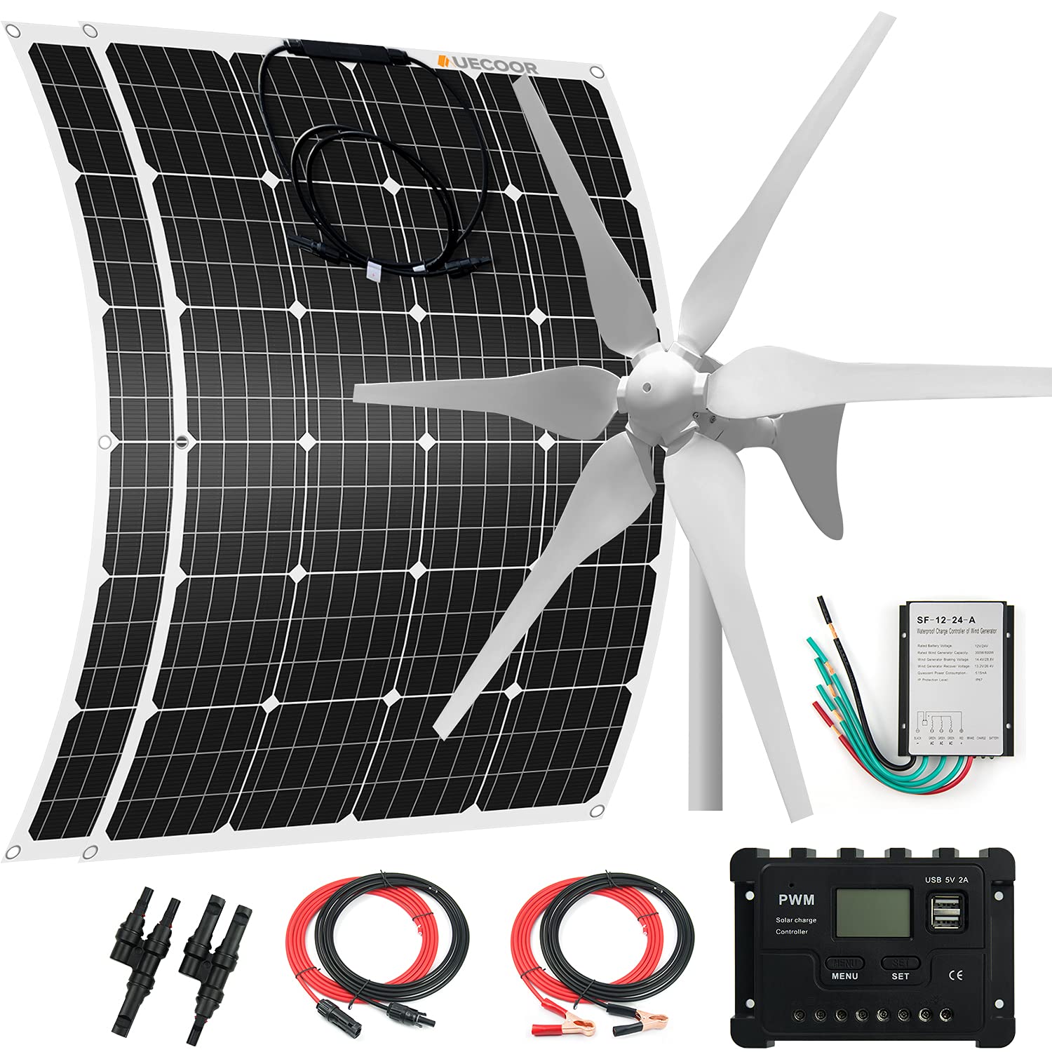 AUECOOR 640 Watts 12 Volts Solar Wind Hybrid System: 400W Wind Turbine Generator+ 2 pcs 120W Flexible Monocrystalline Solar Panels for Off Grid 12V Battery Charging RV Roofs Boats