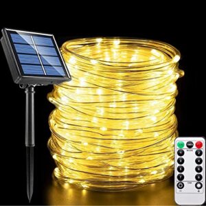 fairy lights 66 feet 200 led solar outdoor lights, 8 lighting modes twinkle string lights with timer, solar christmas rope lights outdoor waterproof for bedroom garden patio decor, warm white