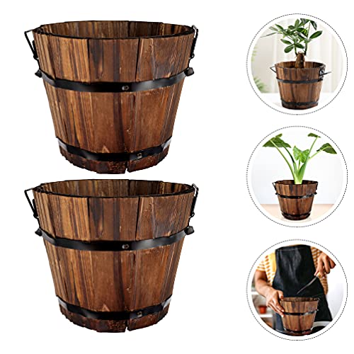 Yardwe Forest Bark Bonsai Tree Pot 2pcs Rustic Wooden Whiskey Barrels Bucket Wooden Flower Bucket Wooden Plant Pot Outdoor Plant Container Farmhouse Decor Succulent Plant Pot