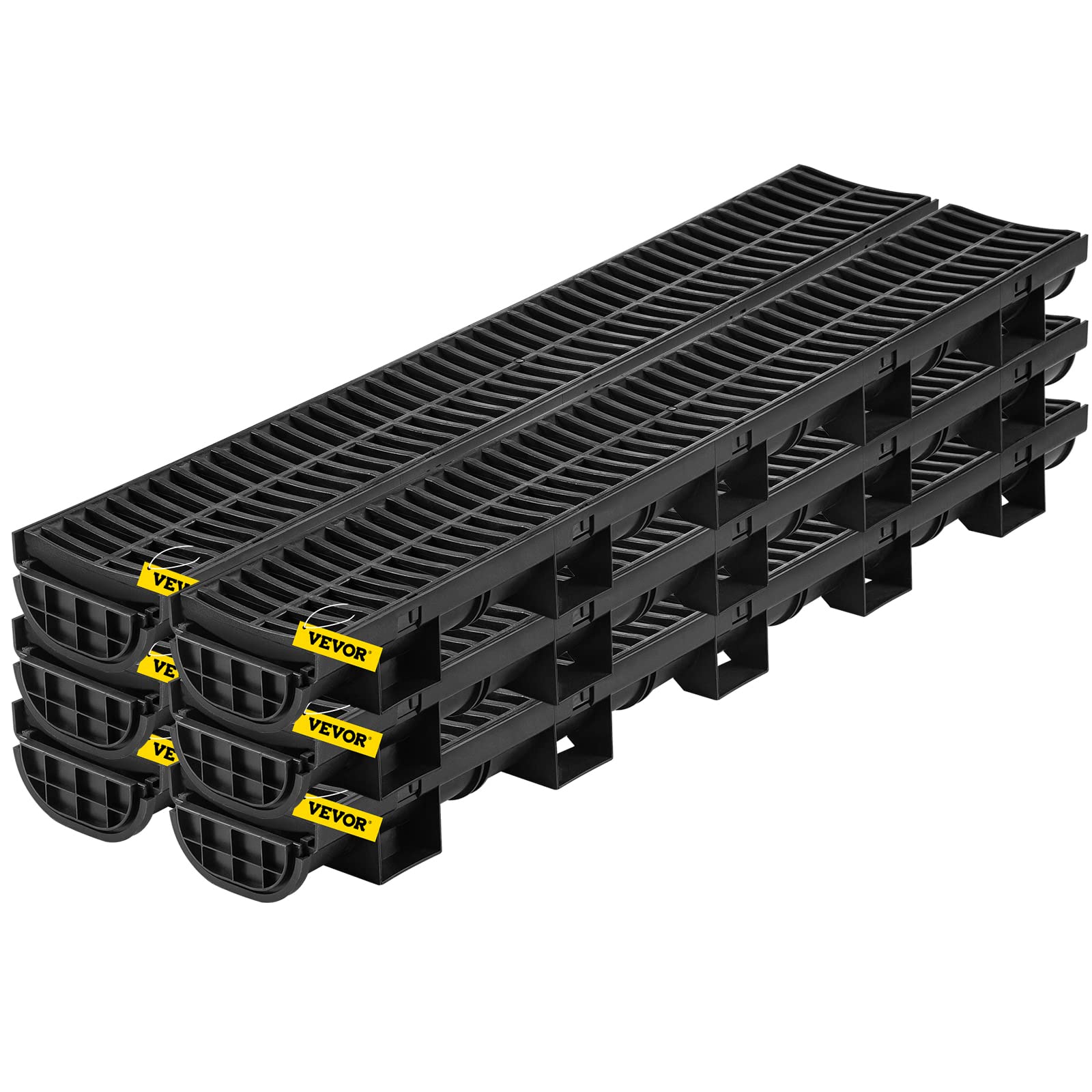 VEVOR Trench Drain System, Channel Drain with Plastic Grate, 5.7x3.1-Inch HDPE Drainage Trench, Black Plastic Garage Floor Drain, 6x39 Trench Drain Grate, with 6 End Caps, for Garden, Driveway-6 Pack