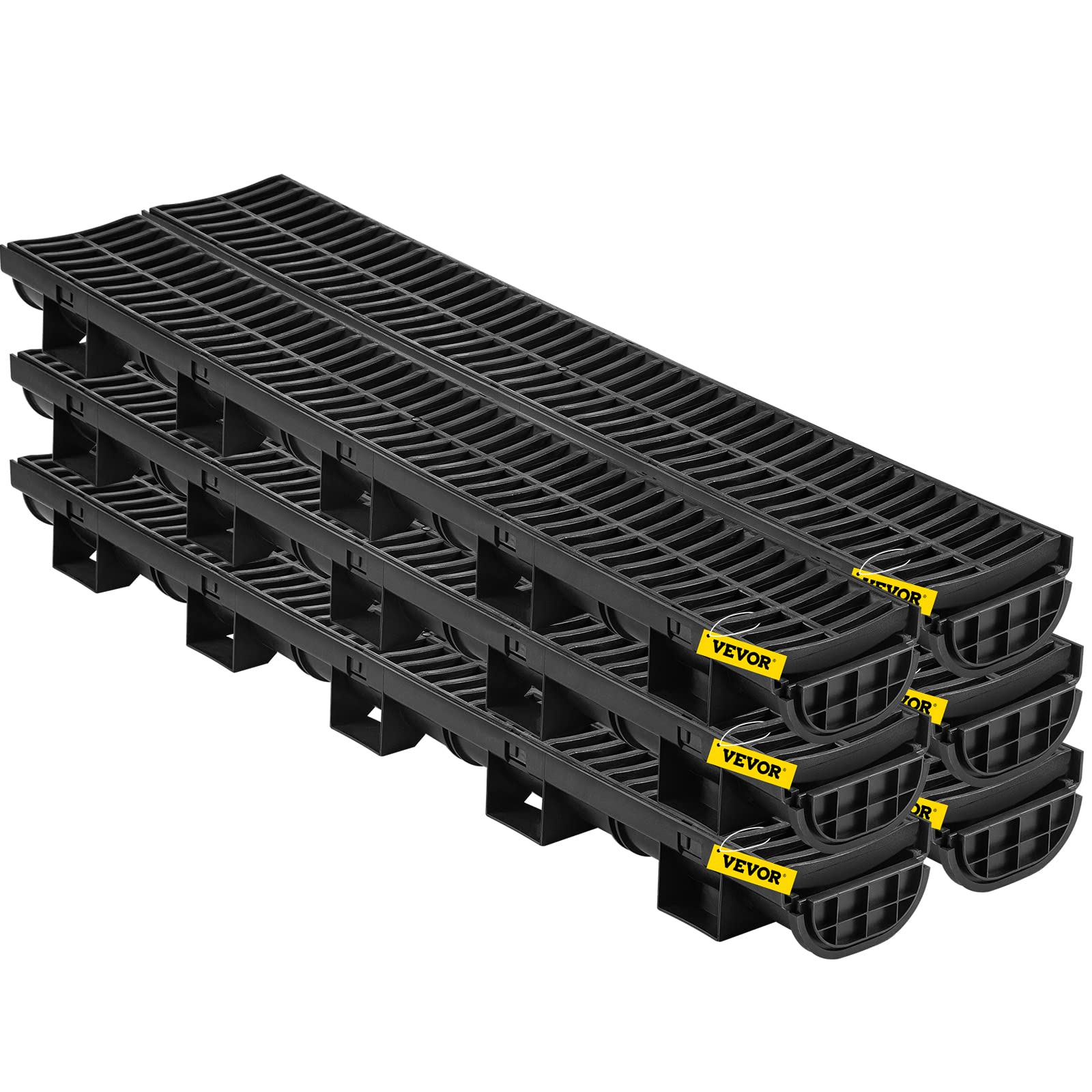 VEVOR Trench Drain System, Channel Drain with Plastic Grate, 5.7x3.1-Inch HDPE Drainage Trench, Black Plastic Garage Floor Drain, 6x39 Trench Drain Grate, with 6 End Caps, for Garden, Driveway-6 Pack