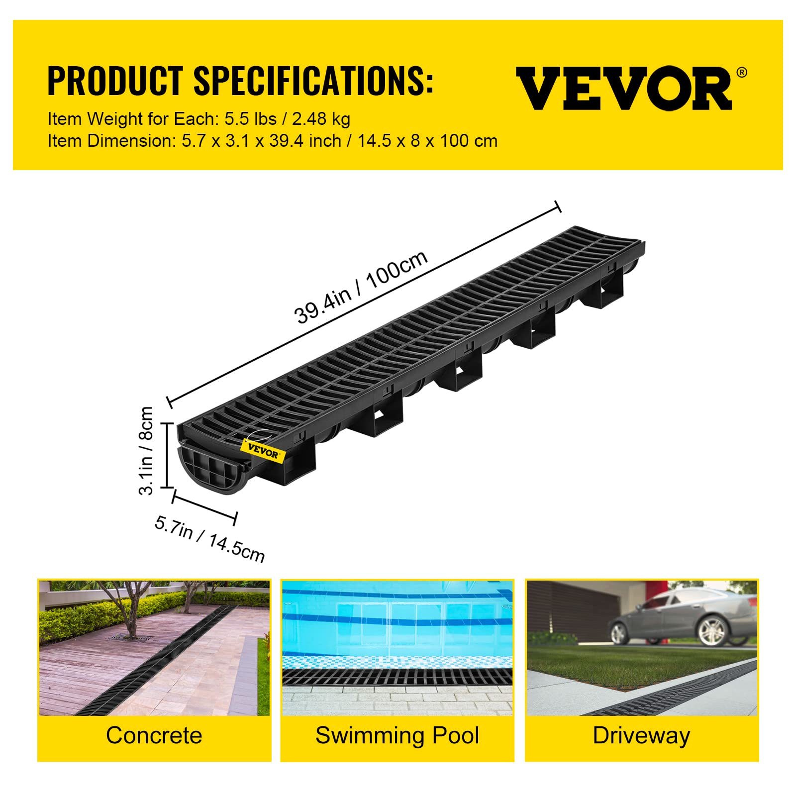 VEVOR Trench Drain System, Channel Drain with Plastic Grate, 5.7x3.1-Inch HDPE Drainage Trench, Black Plastic Garage Floor Drain, 6x39 Trench Drain Grate, with 6 End Caps, for Garden, Driveway-6 Pack