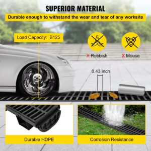 VEVOR Trench Drain System, Channel Drain with Plastic Grate, 5.7x3.1-Inch HDPE Drainage Trench, Black Plastic Garage Floor Drain, 6x39 Trench Drain Grate, with 6 End Caps, for Garden, Driveway-6 Pack