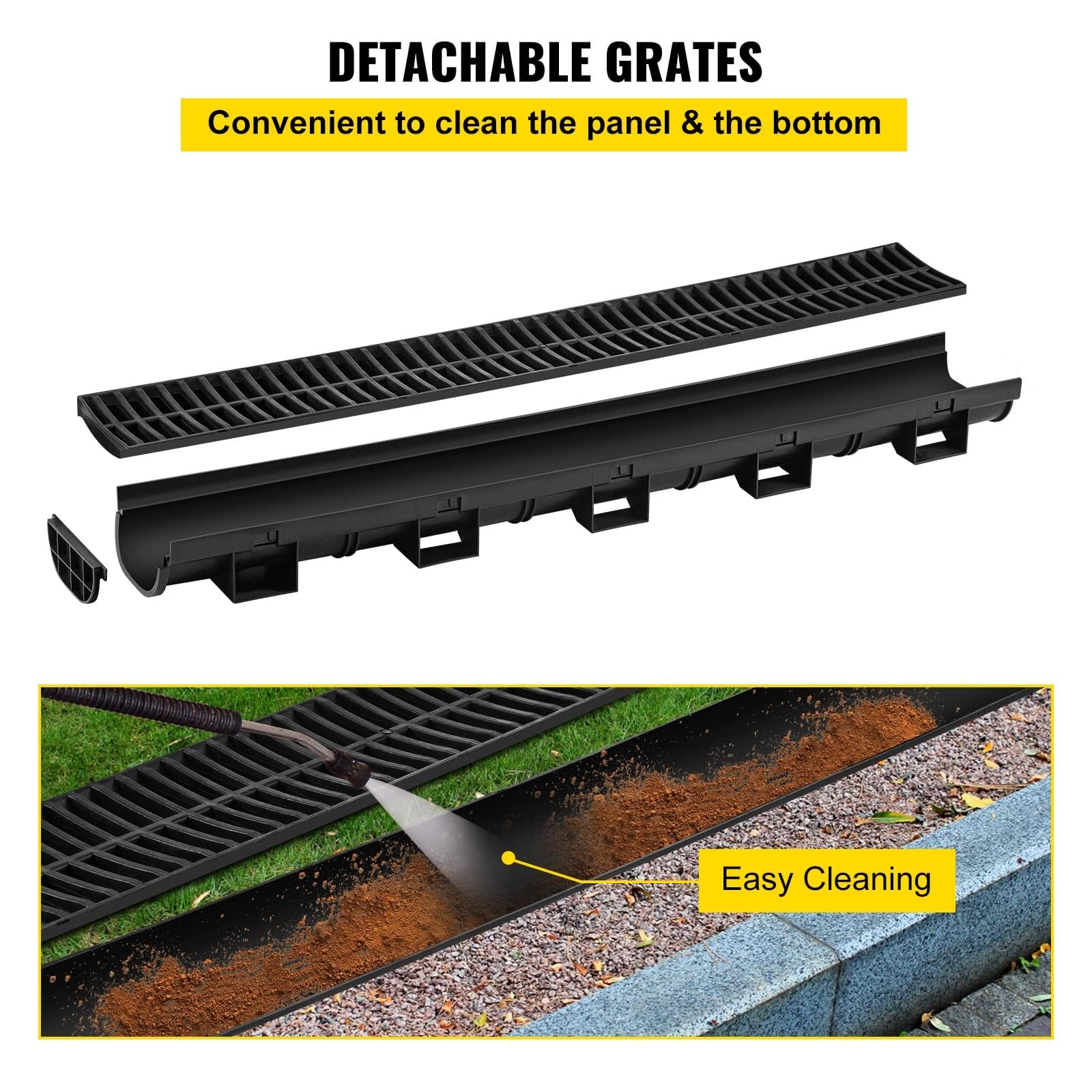 VEVOR Trench Drain System, Channel Drain with Plastic Grate, 5.7x3.1-Inch HDPE Drainage Trench, Black Plastic Garage Floor Drain, 6x39 Trench Drain Grate, with 6 End Caps, for Garden, Driveway-6 Pack