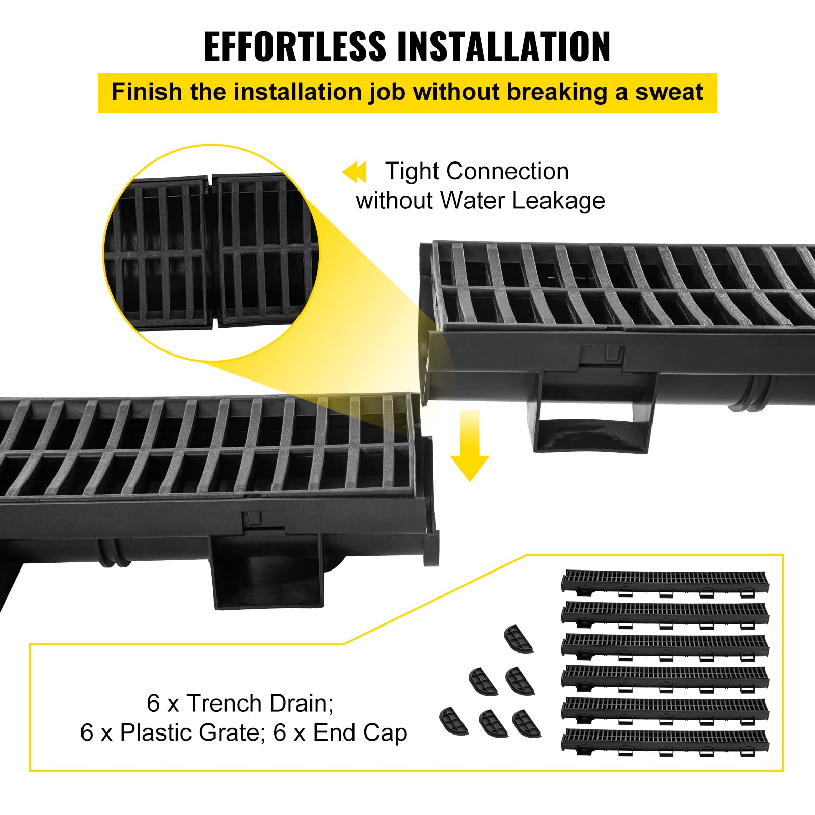 VEVOR Trench Drain System, Channel Drain with Plastic Grate, 5.7x3.1-Inch HDPE Drainage Trench, Black Plastic Garage Floor Drain, 6x39 Trench Drain Grate, with 6 End Caps, for Garden, Driveway-6 Pack