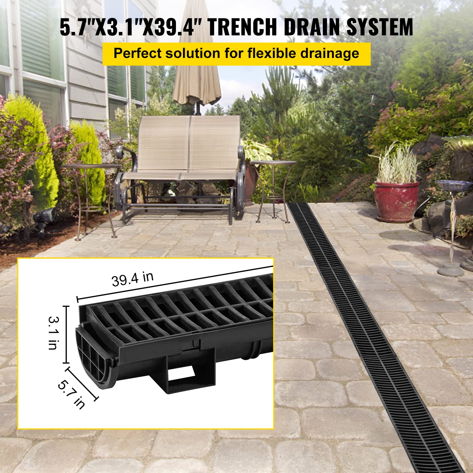 VEVOR Trench Drain System, Channel Drain with Plastic Grate, 5.7x3.1-Inch HDPE Drainage Trench, Black Plastic Garage Floor Drain, 6x39 Trench Drain Grate, with 6 End Caps, for Garden, Driveway-6 Pack