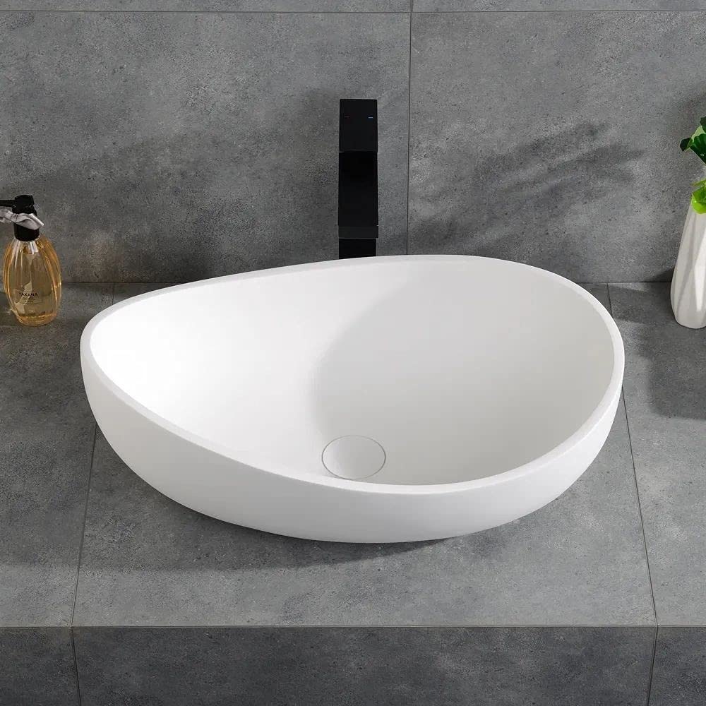 Weibath Oval Vessel Sink Stone Resin Bathroom Sink Modern Art Sink Matte White with Pop Up Drain (Glossy White)