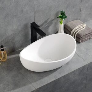 Weibath Oval Vessel Sink Stone Resin Bathroom Sink Modern Art Sink Matte White with Pop Up Drain (Glossy White)