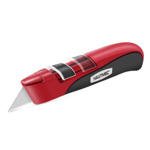 hautmec high safety utility knife with double self-retraction mechnism, automatic blade retraction after cuts & self-retraction by release push button, self-retracting box cutter ht0195-kn