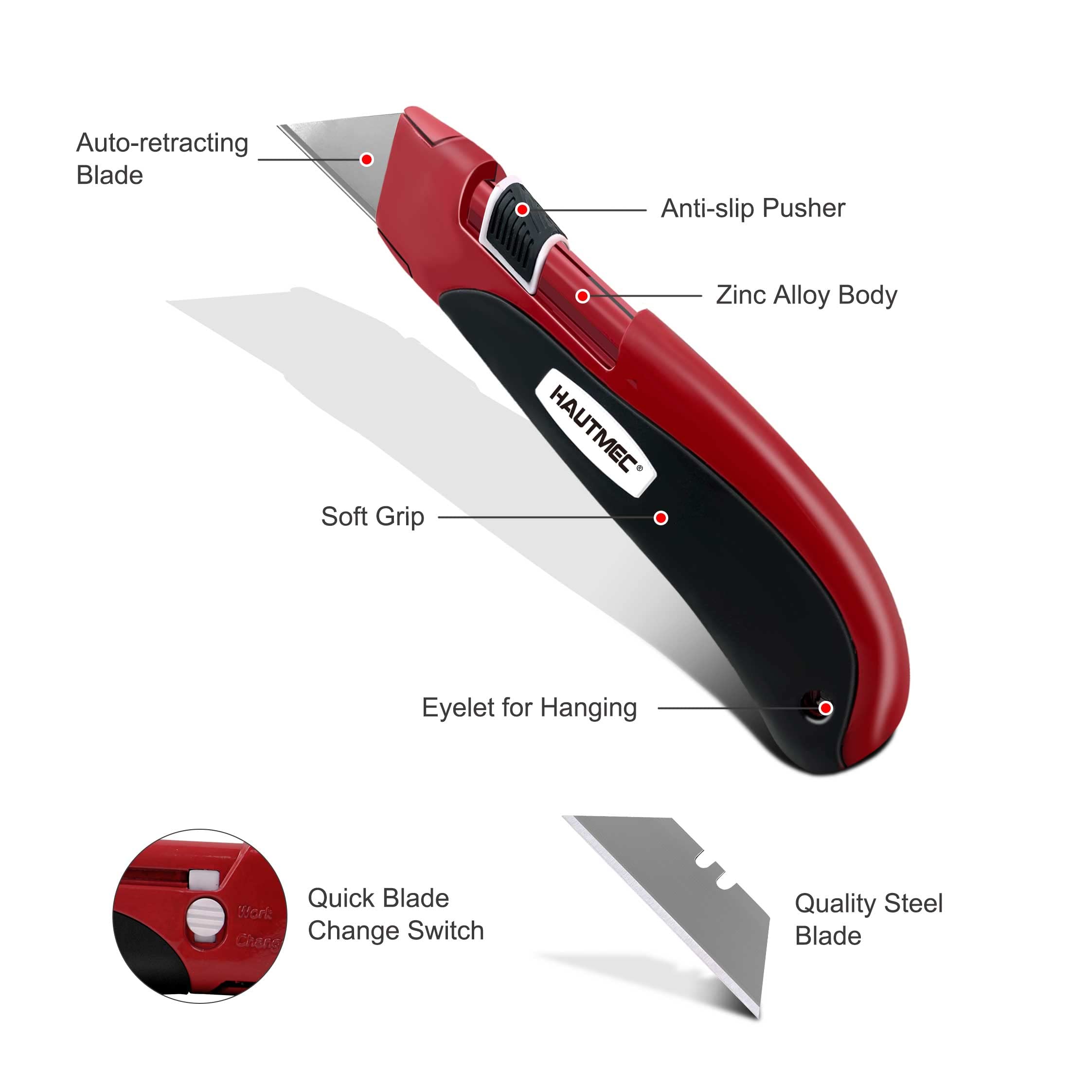 HAUTMEC High Safety Utility Knife With Double Self-Retraction Mechnism, Automatic Blade Retraction After Cuts & Self-retraction by Release Push Button, Self-retracting Box Cutter HT0195-KN