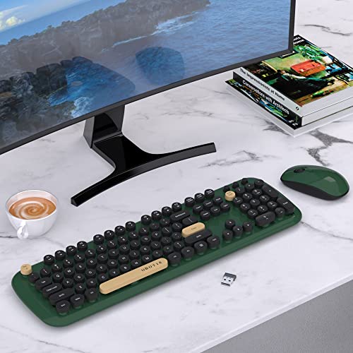 Colorful Wireless Computer Keyboards Mouse Combos, UBOTIE Polychrome Round Keycaps Retro PC Keyboards 2.4GHz Radio Frequency Connection with Optical Mouse(Green-Black)