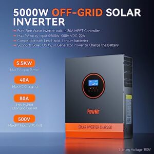 5000 Watt Solar Inverter Pure Sine Wave 48V 110V, Off-Grid 5KW Power Inverter Built in 80A MPPT Controller, 40A AC Charger, Max.PV Input 500V, Support Utility/Generator/Solar Charge
