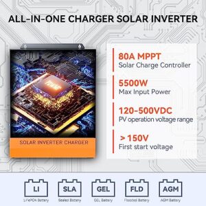 PowMr 5000W Solar Inverter 48V DC to 110V AC, 5KW Pure Sine Wave Hybrid Inverter Charger Built-in 80A MPPT Controller, Max 500V PV Input, for 48V Lead-Acid/Lithium Batteries