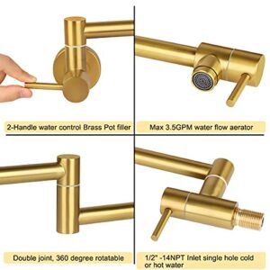 KWODE Gold Pot Filler Faucet 24 Inch Brass Commercial Wall Mount Kitchen Sink Faucet Folding Stretchable with Single Hole Two Handles