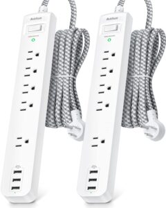 2 pack power strip surge protector - 5 widely spaced outlets 3 usb charging ports, 1875w/15a with 5ft braided extension cord, flat plug, overload surge protection, wall mount for home office,white