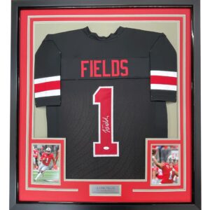 framed autographed/signed justin fields 33x42 ohio state black college football jersey beckett bas coa