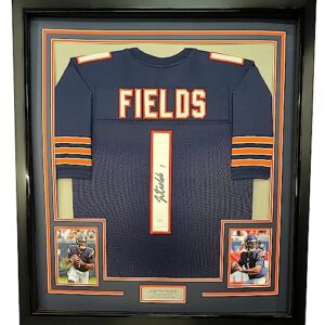 framed autographed/signed justin fields 33x42 chicago blue football jersey jsa coa