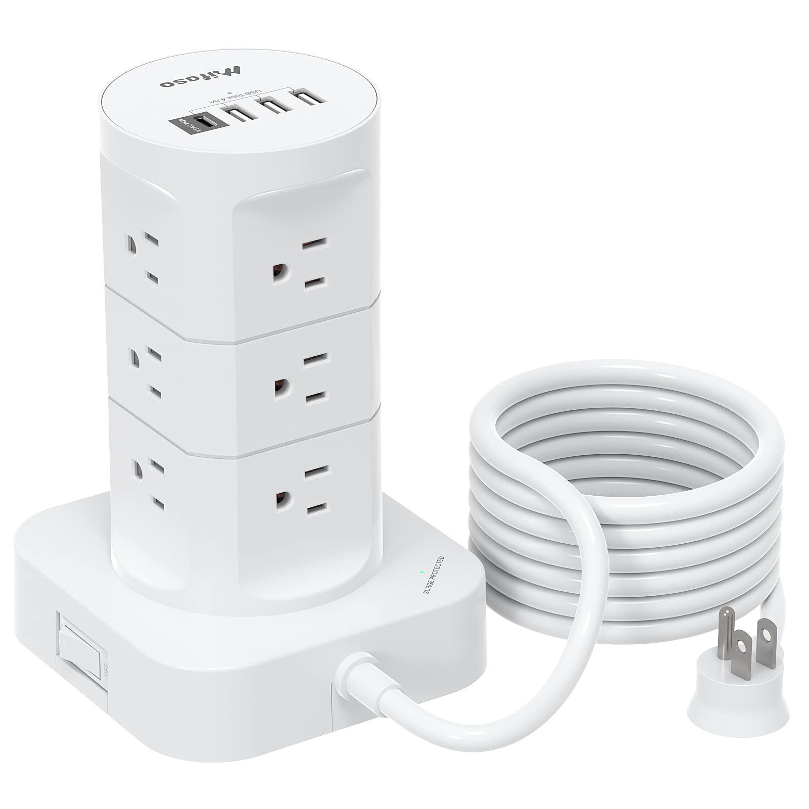 Surge Protector Power Strip Tower - 12 Widely Outlets with 4 USB Ports (1 USB C), 6FT Heavy Duty Extension Cord, Flat Multi Plug Outlet Extender Overload Protection for Home Office