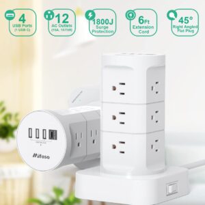 Surge Protector Power Strip Tower - 12 Widely Outlets with 4 USB Ports (1 USB C), 6FT Heavy Duty Extension Cord, Flat Multi Plug Outlet Extender Overload Protection for Home Office