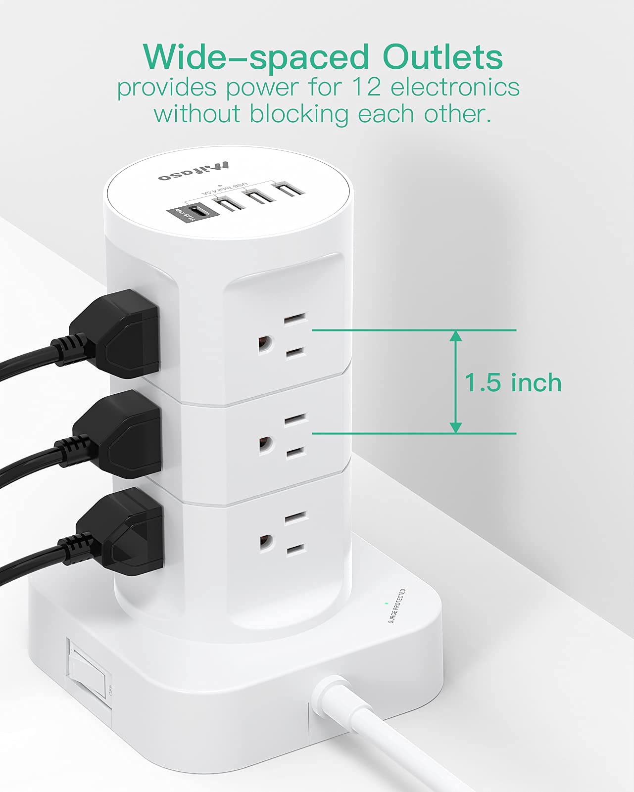 Surge Protector Power Strip Tower - 12 Widely Outlets with 4 USB Ports (1 USB C), 6FT Heavy Duty Extension Cord, Flat Multi Plug Outlet Extender Overload Protection for Home Office