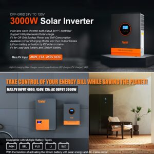 3000W Solar Inverter 24V to 120V, Max.PV Input 4KW,450V VOC,Pure Sine Wave Power Inverter Built-in 80A MPPT Controller and 40A AC Charger for Home, RV, Off-Grid Solar System