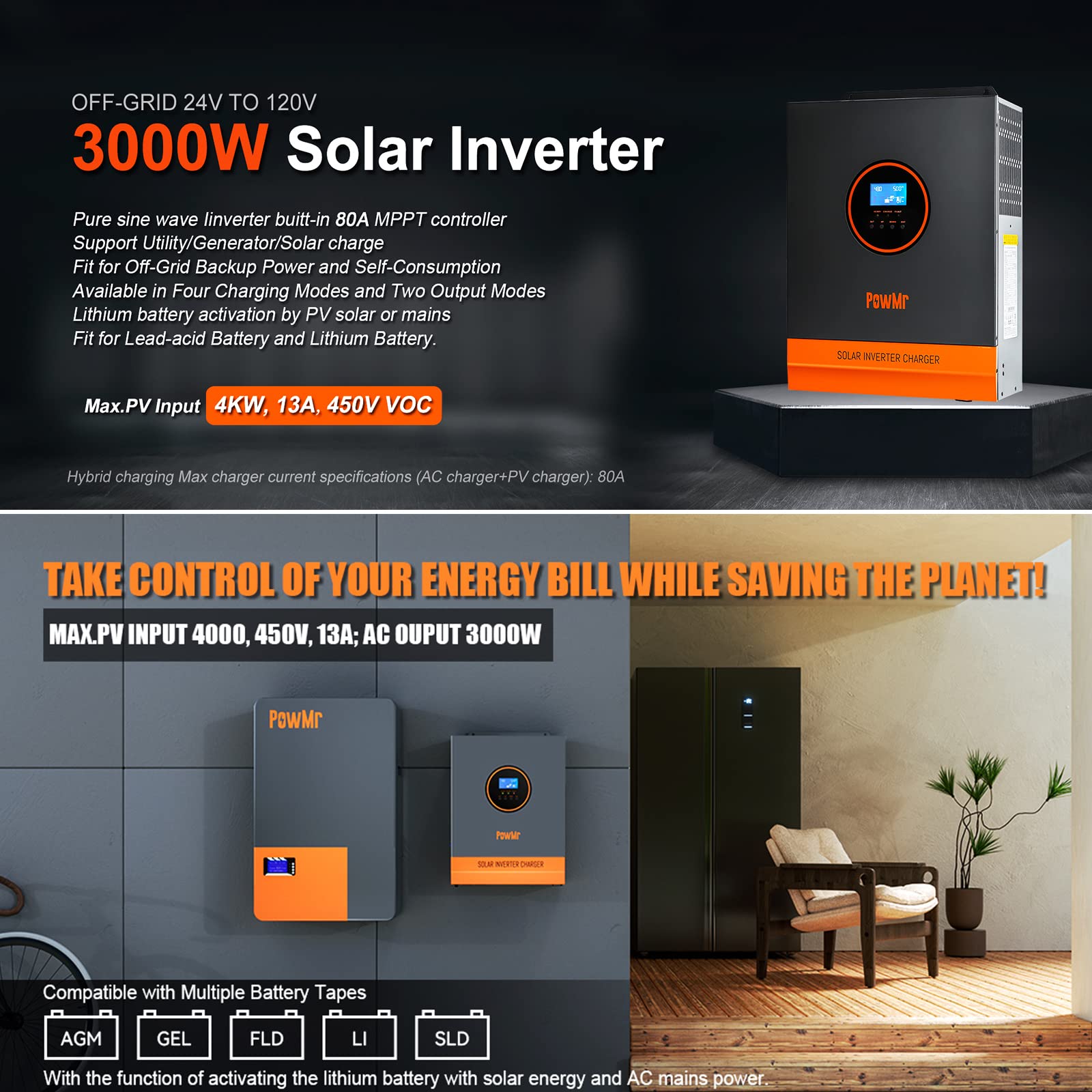 3000W Solar Inverter 24V to 120V, Max.PV Input 4KW,450V VOC,Pure Sine Wave Power Inverter Built-in 80A MPPT Controller and 40A AC Charger for Home, RV, Off-Grid Solar System