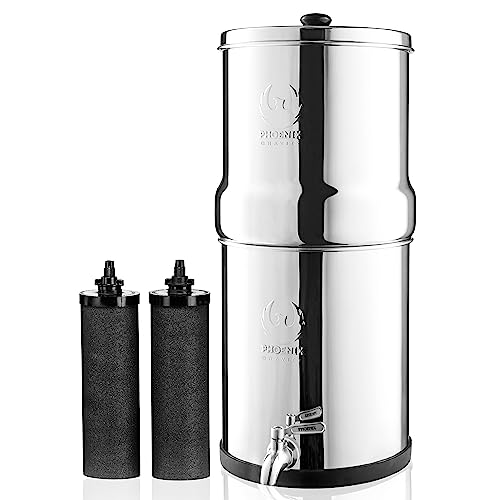 Phoenix Gravity 2.25 Gallons Gravity Fed Stainless Steel Drinking Water Filter and Purifier with 2 Carbon Filters and Stainless Steel Tap