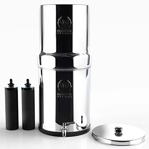 Phoenix Gravity 2.25 Gallons Gravity Fed Stainless Steel Drinking Water Filter and Purifier with 2 Carbon Filters and Stainless Steel Tap