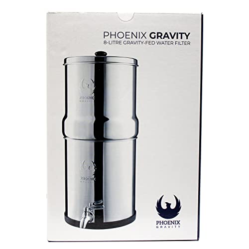 Phoenix Gravity 2.25 Gallons Gravity Fed Stainless Steel Drinking Water Filter and Purifier with 2 Carbon Filters and Stainless Steel Tap