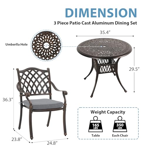 JOIVI 3 Piece Patio Furniture Dining Set, Cast Aluminum Outdoor Dining Chairs and Table Set with Umbrella Hole, Stackable Chairs, Antique Bronze Patio Bistro Set for Balcony, Lawn, Garden, Backyard