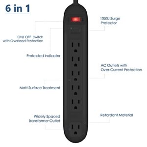 Power Strip Surge Protector with 6 AC Outlets, Manymax 6Ft Extension Cord, 1050J Surge Protection, Overload Protection (125V/15A/1875W), Wall Mount Power Strip for Home, Office, Hotel-Black (1 Pack)