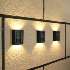calidaka 2 pack led solar wall light, up and down outdoor security wall lamps, ip65 waterproof solar outdoor lights, solar fence lights led solar wall lights for home garden porch(warm light)