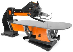 wen ll2156 21-inch 1.6-amp variable speed parallel arm scroll saw with extra-large dual-bevel steel table, black orange
