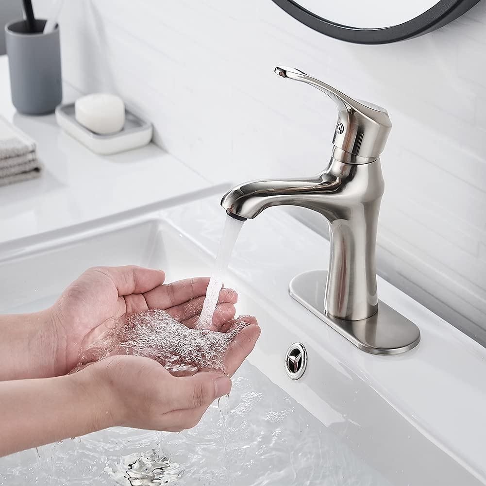 Bathroom Faucet Brushed Nickel Single Hole Sink Single Handle Bathroom Faucet Vanity Modern Commercial Lead-Free Solid Brass Bathroom Faucet is Suitable for 1 or 3 Holes