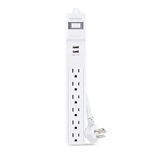 cyberpower p606urc2 surge protector, 500j/125v, 15a, 6 outlets, 2 usb charging ports, 6 foot cord, white
