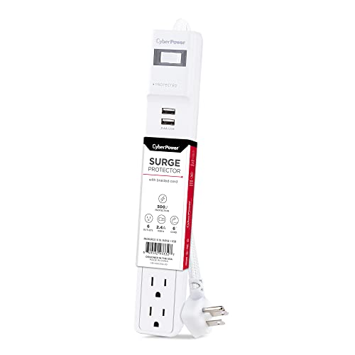 CyberPower P606URC2 Surge Protector, 500J/125V, 15A, 6 Outlets, 2 USB Charging Ports, 6 Foot Cord, White