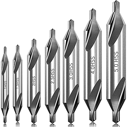 KEWAYO 7Pieces Center Drill Bits Set, M2 High Speed Steel 60 Degree Angle Center Drill Bits Kit Countersink Tools for Lathe Metalworking Size 1.0 1.5 2.0 2.5 3.0 4.0 5.0