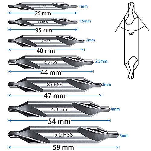 KEWAYO 7Pieces Center Drill Bits Set, M2 High Speed Steel 60 Degree Angle Center Drill Bits Kit Countersink Tools for Lathe Metalworking Size 1.0 1.5 2.0 2.5 3.0 4.0 5.0