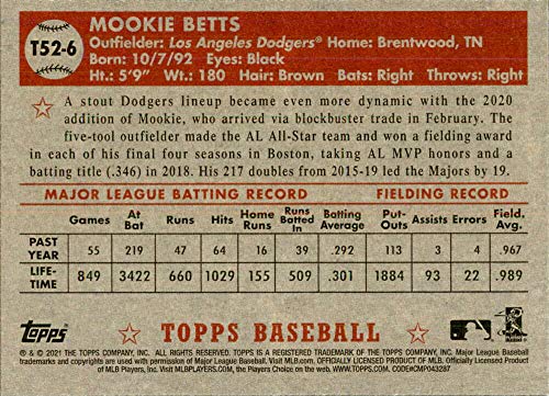 Baseball MLB 2021 Topps 1952 Topps Redux #T52-6 Mookie Betts NM-MT Dodgers