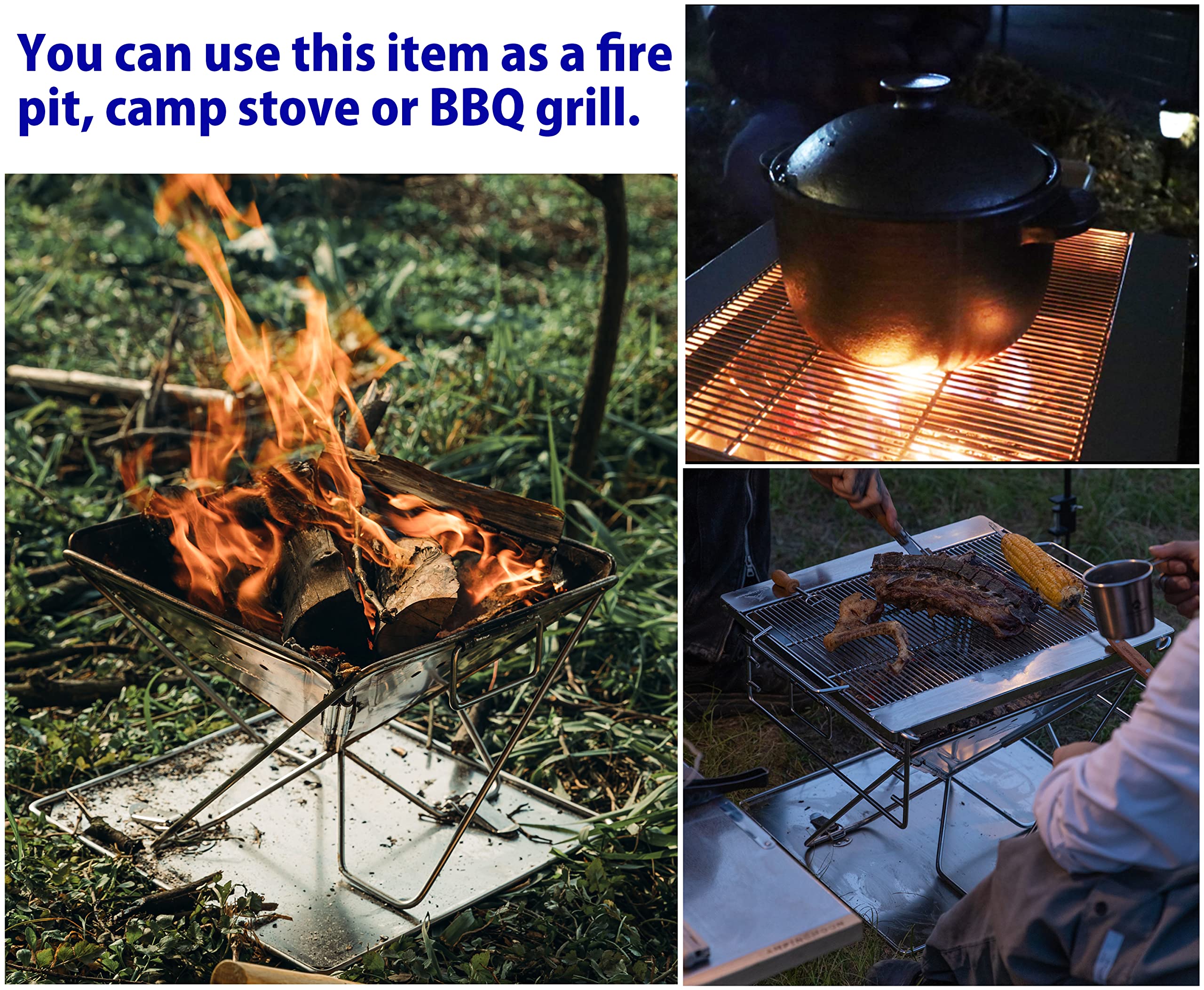 CAMPINGMOON 3-in-1 Portable Stainless Steel Wood Burning Grill and Fire Pit 16x18-inch with Carrying Bag MT-045
