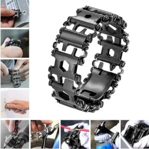 Multitool Bracelet 29 in 1, 22cm Stainless Steel, Multi Tool Bracelet for Men Outdoor Travel Watch Strap, Multifunctional Wristbands, Portable Wearable Multitool Trend Bracelet with A Pry Tool (Black)