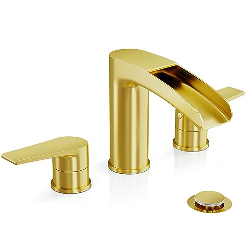 Phiestina Brushed Gold Bathroom Sink Faucet, Waterfall Widespread 3 Hole 8 Inch Brass Bathroom Faucet, with Metal Pop Up Drain and Water Supply Line, NS-WF005-BG