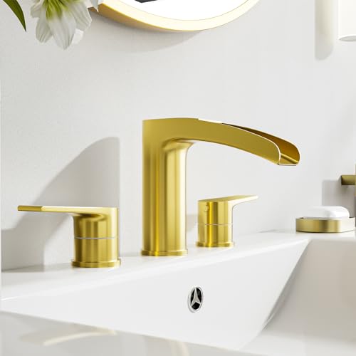 Phiestina Brushed Gold Bathroom Sink Faucet, Waterfall Widespread 3 Hole 8 Inch Brass Bathroom Faucet, with Metal Pop Up Drain and Water Supply Line, NS-WF005-BG