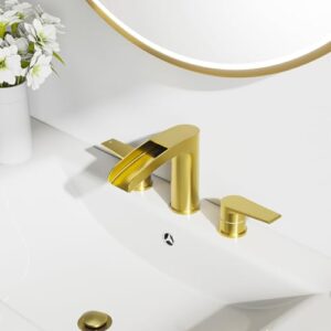 Phiestina Brushed Gold Bathroom Sink Faucet, Waterfall Widespread 3 Hole 8 Inch Brass Bathroom Faucet, with Metal Pop Up Drain and Water Supply Line, NS-WF005-BG