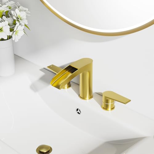 Phiestina Brushed Gold Bathroom Sink Faucet, Waterfall Widespread 3 Hole 8 Inch Brass Bathroom Faucet, with Metal Pop Up Drain and Water Supply Line, NS-WF005-BG