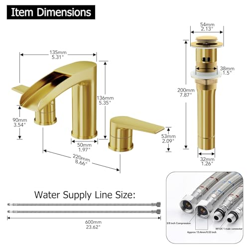 Phiestina Brushed Gold Bathroom Sink Faucet, Waterfall Widespread 3 Hole 8 Inch Brass Bathroom Faucet, with Metal Pop Up Drain and Water Supply Line, NS-WF005-BG